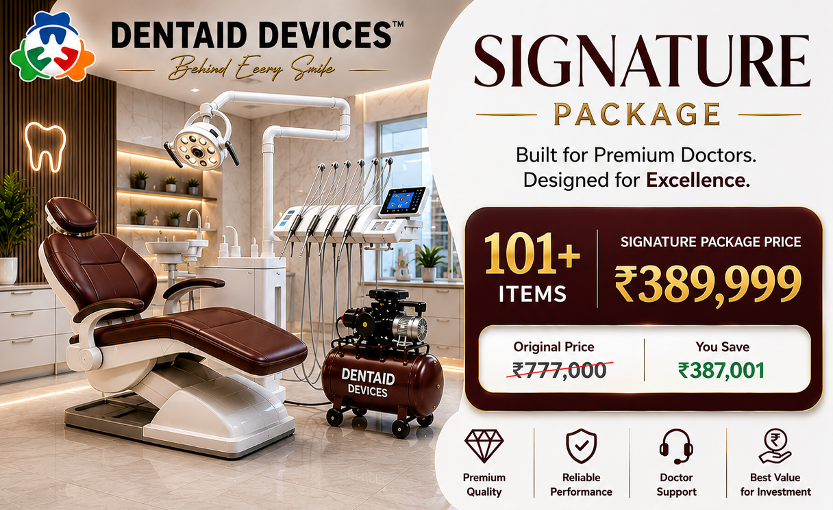 Dental office setup with Dentaid Devices equipment and promotional banner for 'Signature Package'.